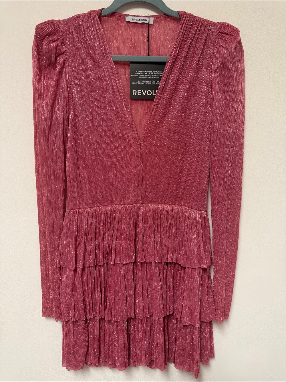 Sabina Musayev x Revolve Carrie Mini Pink Metallic Long Sleeve Dress